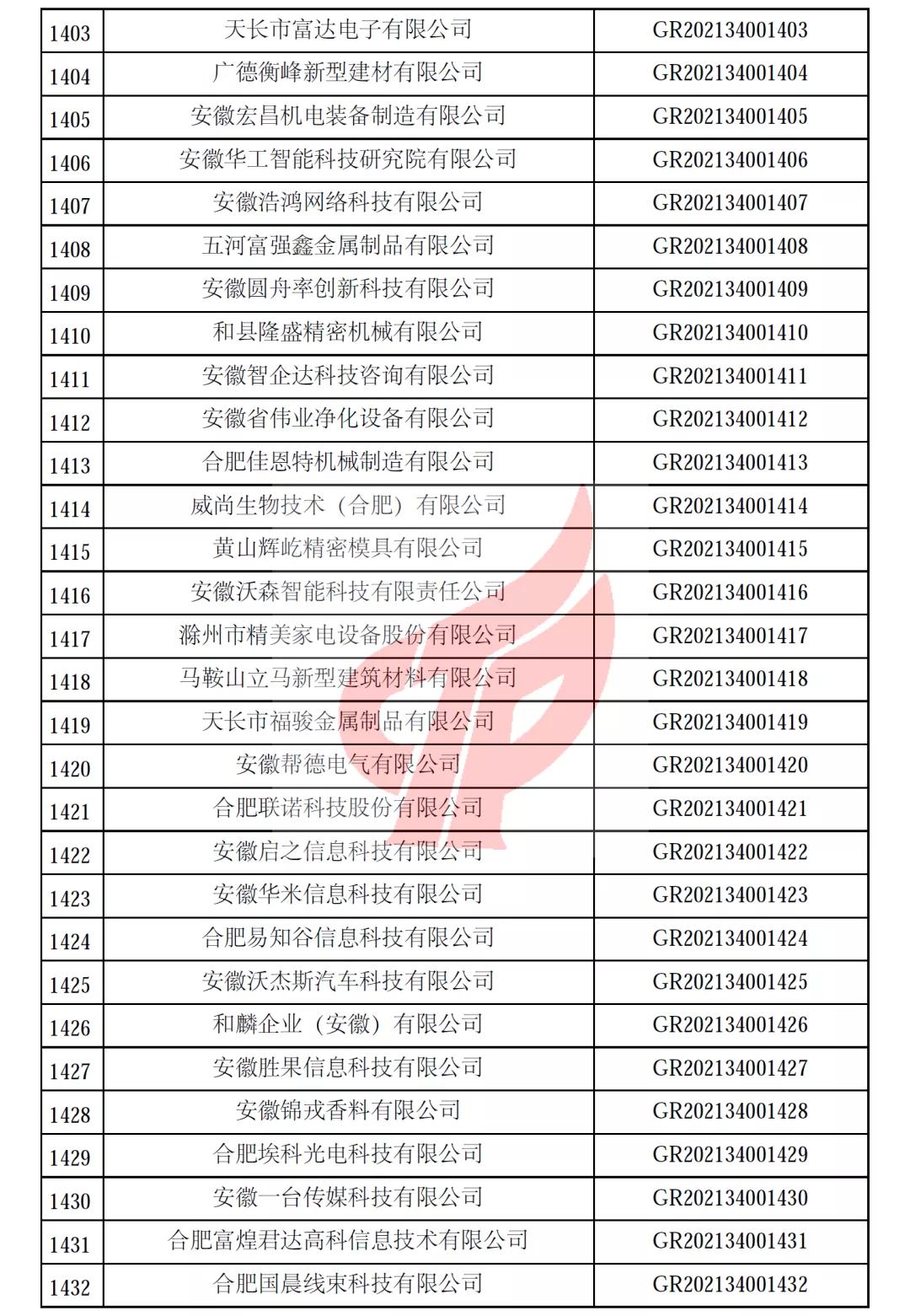 安徽省第一批备案高新技术企业名单