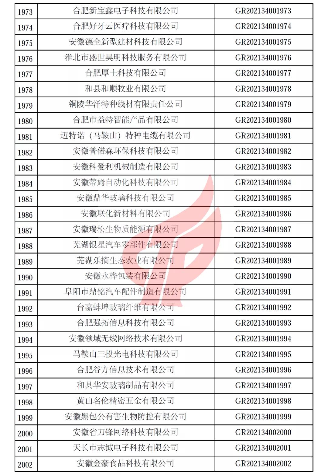 安徽省第一批备案高新技术企业名单