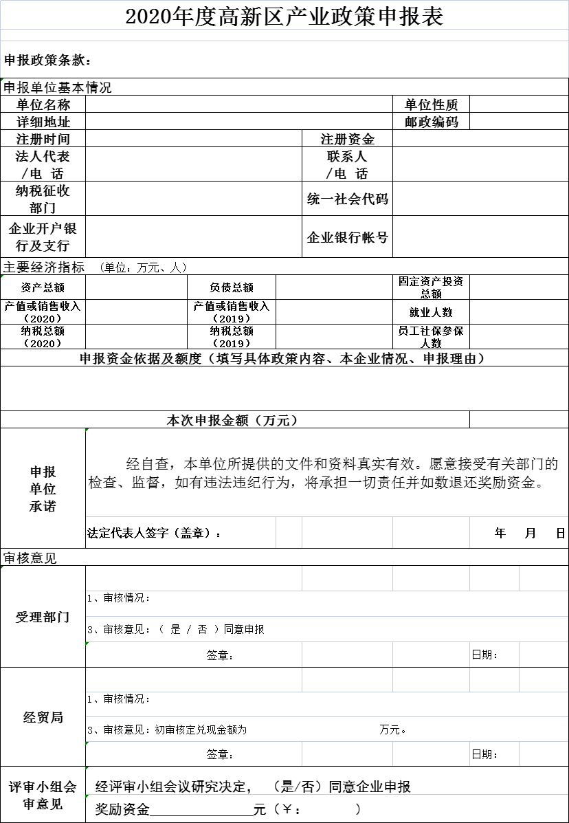 高新区产业政策申报表