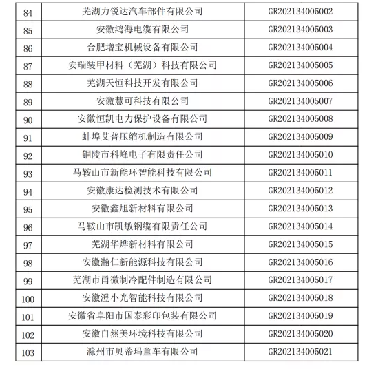 安徽省2021年认定的高新技术企业进行第一批补充备案名单4