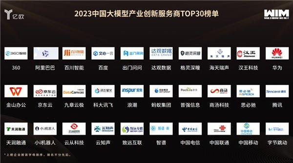 2023 中国大模型产业创新服务商 TOP30 榜单