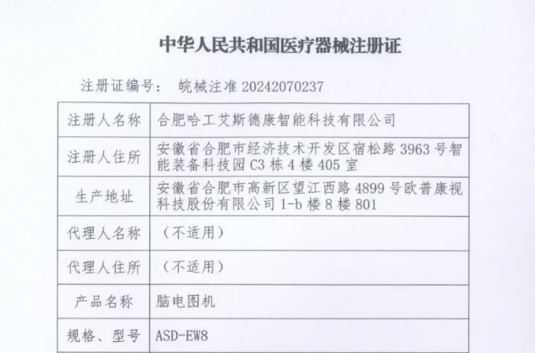 安徽省首张脑电采集类医疗器械注册证获批