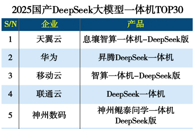 2025国产DeepSeek大模型一体机TOP30